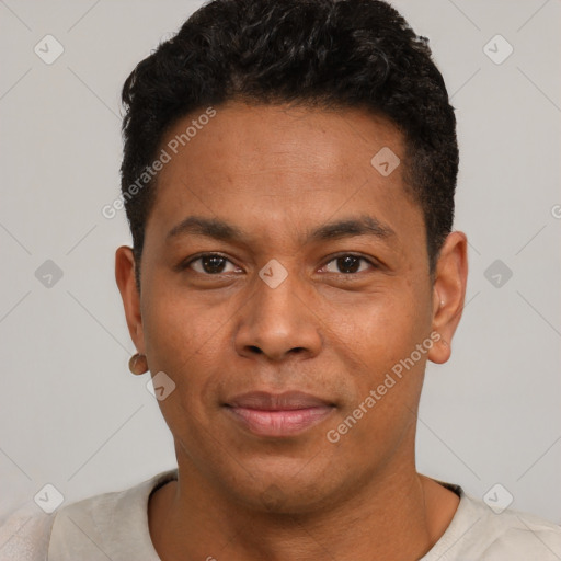 Neutral latino young-adult male with short  black hair and brown eyes