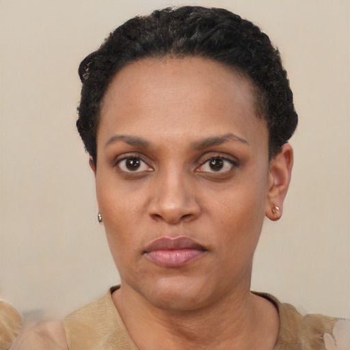 Neutral black young-adult female with short  black hair and brown eyes