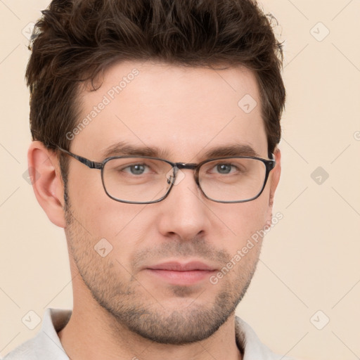 Neutral white young-adult male with short  brown hair and grey eyes