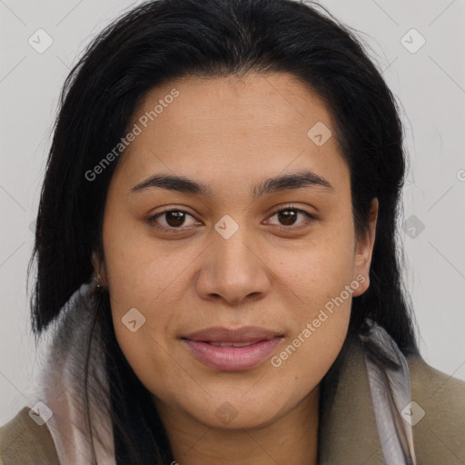 Joyful asian young-adult female with medium  brown hair and brown eyes