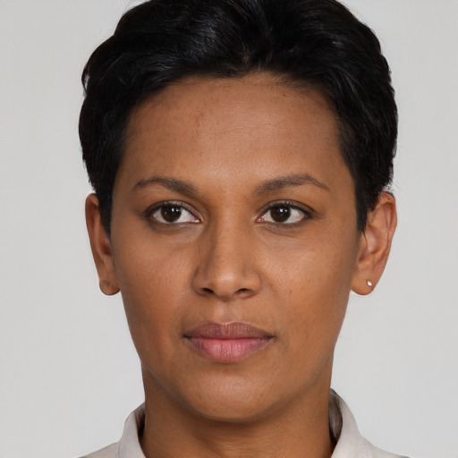 Neutral asian young-adult female with short  black hair and brown eyes