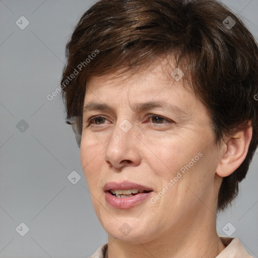 Joyful white adult female with medium  brown hair and brown eyes