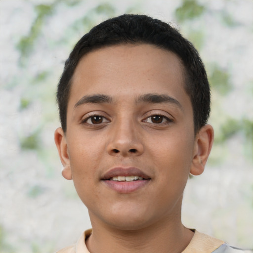 Neutral latino young-adult male with short  brown hair and brown eyes