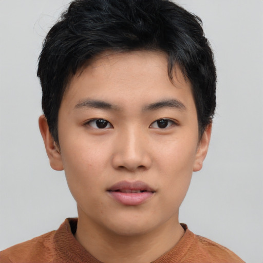 Neutral asian young-adult male with short  black hair and brown eyes