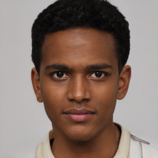Neutral black young-adult male with short  black hair and brown eyes