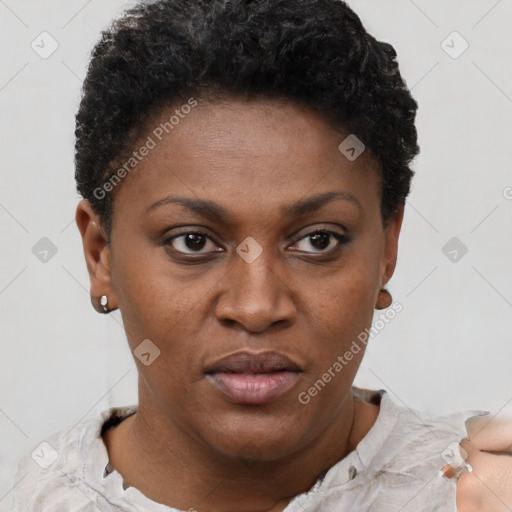 Neutral black young-adult female with short  brown hair and brown eyes