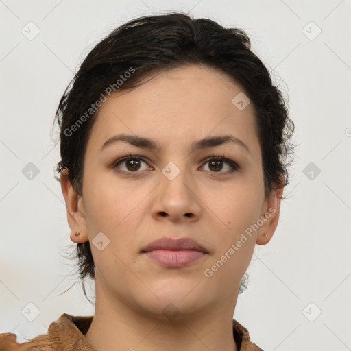 Neutral white young-adult female with short  brown hair and brown eyes