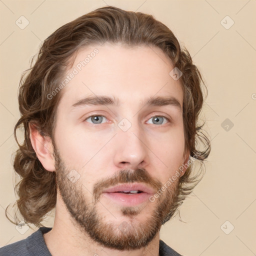 Neutral white young-adult male with short  brown hair and grey eyes