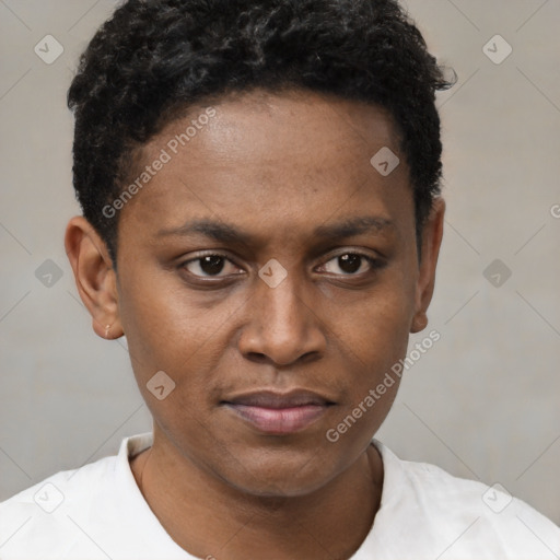 Joyful black young-adult male with short  brown hair and brown eyes