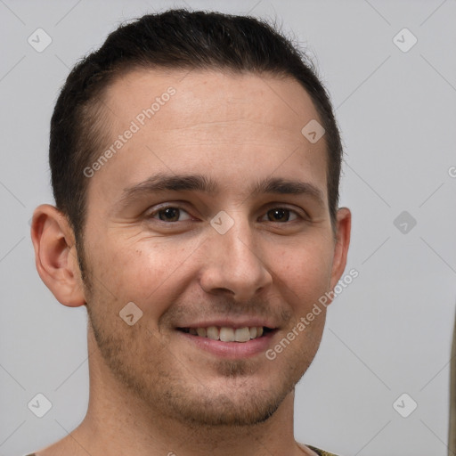 Joyful white young-adult male with short  brown hair and brown eyes