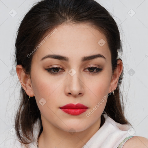 Neutral white young-adult female with medium  brown hair and brown eyes