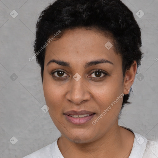 Joyful latino young-adult female with short  black hair and brown eyes