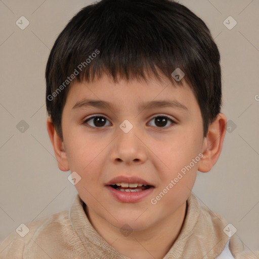 Joyful white child male with short  brown hair and brown eyes