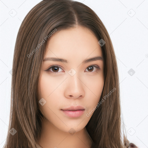 Neutral white young-adult female with long  brown hair and brown eyes