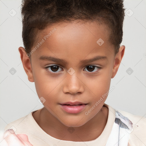 Joyful white child female with short  brown hair and brown eyes