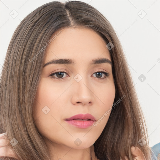 Neutral white young-adult female with long  brown hair and brown eyes