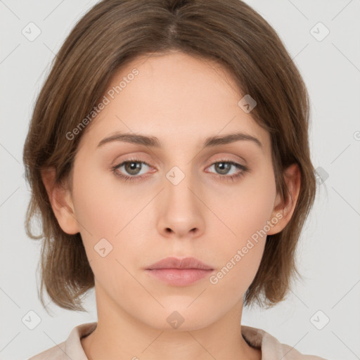 Neutral white young-adult female with medium  brown hair and brown eyes