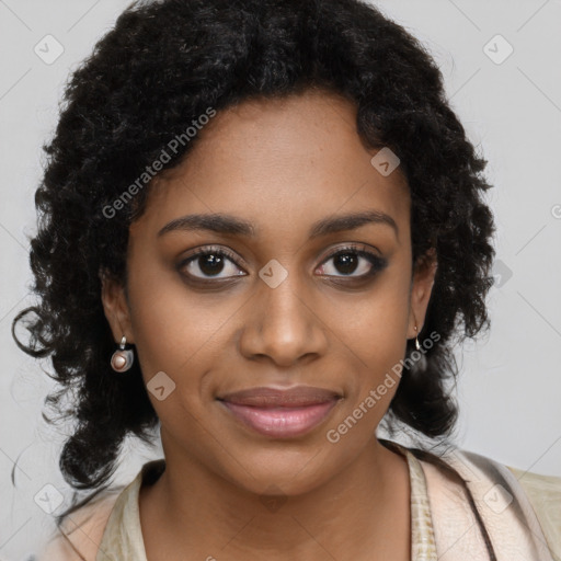 Joyful black young-adult female with long  brown hair and brown eyes