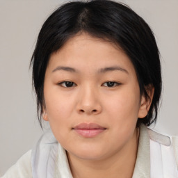 Neutral asian young-adult female with medium  brown hair and brown eyes