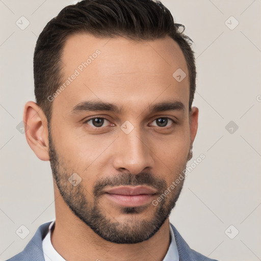 Neutral white young-adult male with short  brown hair and brown eyes