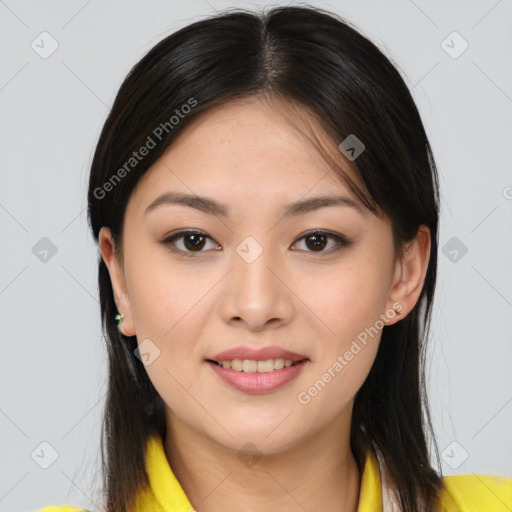 Joyful asian young-adult female with medium  brown hair and brown eyes