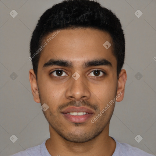 Neutral latino young-adult male with short  black hair and brown eyes