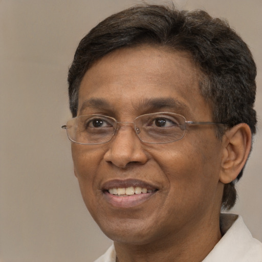 Joyful black adult male with short  brown hair and brown eyes