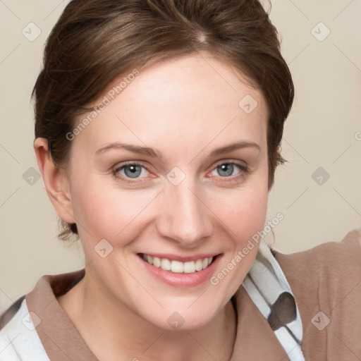 Joyful white young-adult female with medium  brown hair and blue eyes