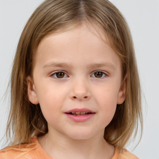 Joyful white child female with medium  brown hair and brown eyes