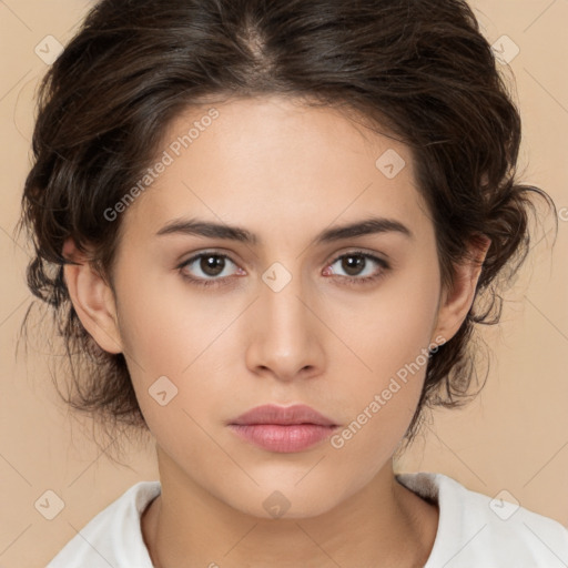 Neutral white young-adult female with medium  brown hair and brown eyes