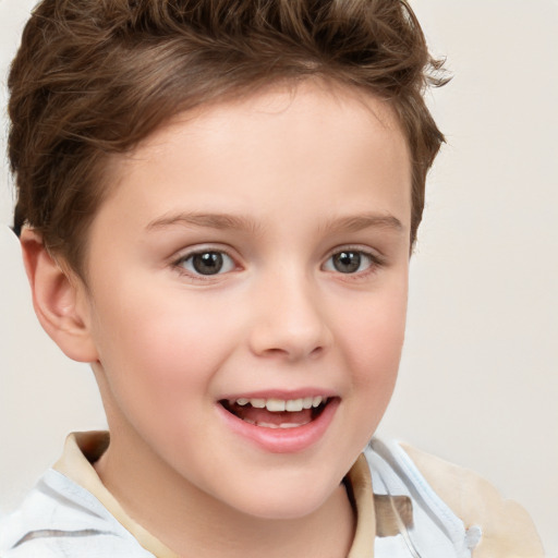 Joyful white child female with short  brown hair and brown eyes