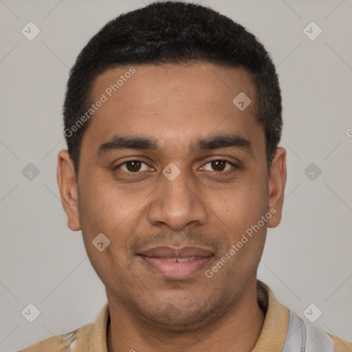 Joyful latino young-adult male with short  brown hair and brown eyes