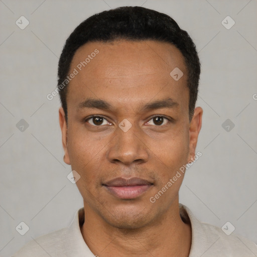 Neutral latino young-adult male with short  black hair and brown eyes