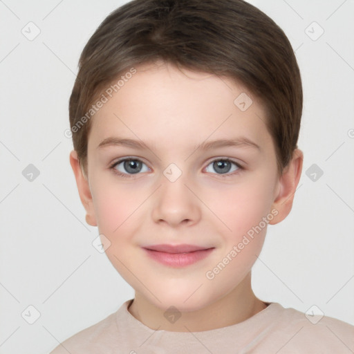 Joyful white child female with short  brown hair and brown eyes