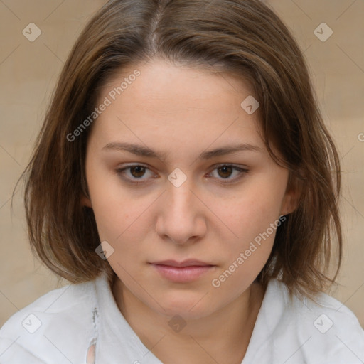 Neutral white young-adult female with medium  brown hair and brown eyes