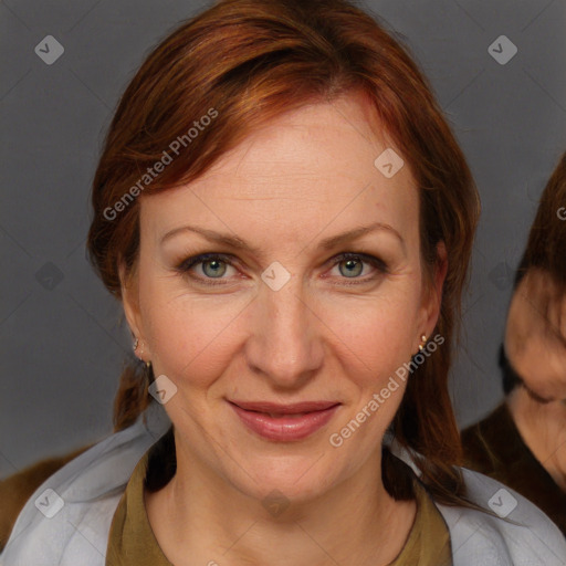 Joyful white young-adult female with medium  brown hair and blue eyes