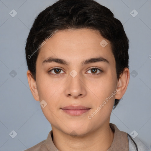 Joyful white young-adult female with short  brown hair and brown eyes