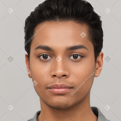 Neutral latino young-adult male with short  black hair and brown eyes