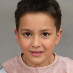 Joyful white child female with short  brown hair and brown eyes