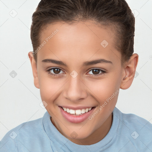 Joyful white child female with short  brown hair and brown eyes