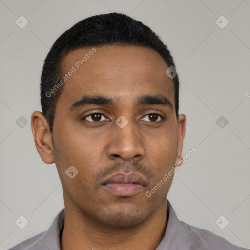 Neutral latino young-adult male with short  black hair and brown eyes