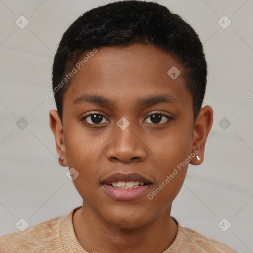 Joyful black young-adult male with short  brown hair and brown eyes