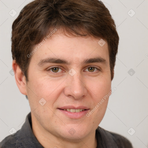 Joyful white adult male with short  brown hair and grey eyes