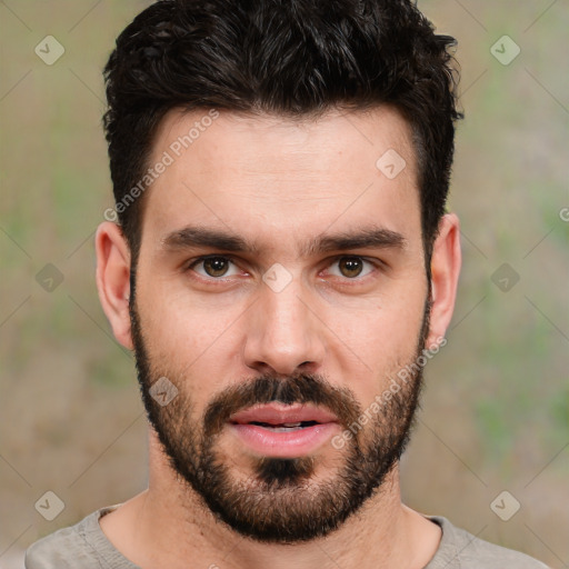 Neutral white young-adult male with short  brown hair and brown eyes