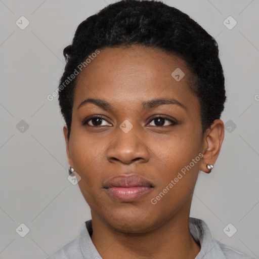 Neutral black young-adult female with short  black hair and brown eyes