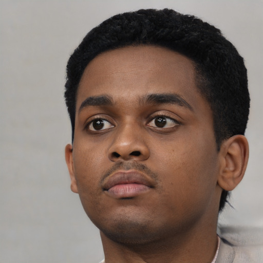 Neutral black young-adult male with short  black hair and brown eyes