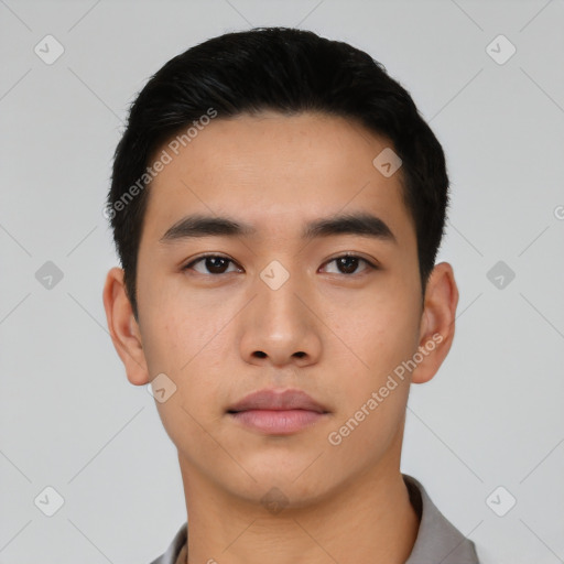 Neutral asian young-adult male with short  black hair and brown eyes