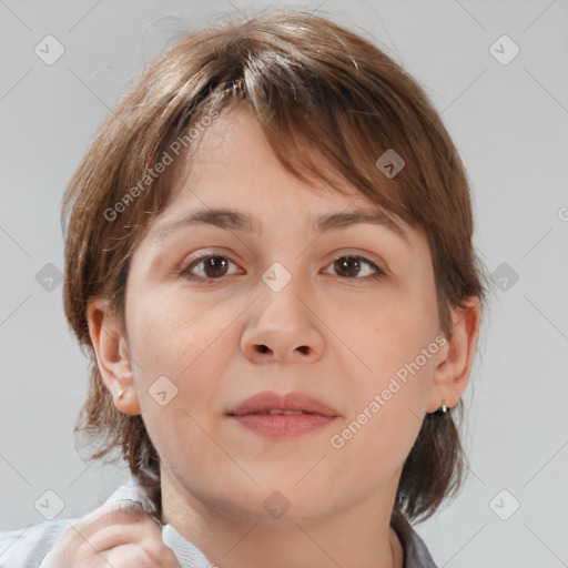 Neutral white young-adult female with medium  brown hair and brown eyes