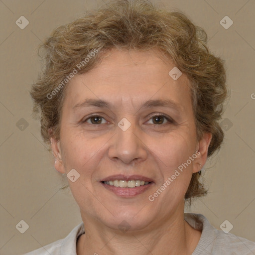 Joyful white adult female with short  brown hair and brown eyes