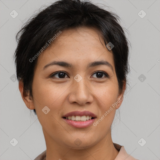 Joyful asian young-adult female with short  brown hair and brown eyes